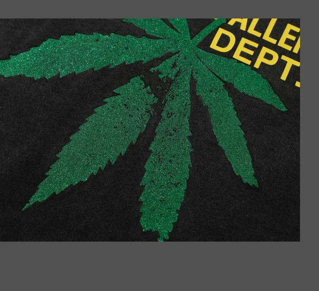 Gallery Depot. Letter LOGO Green Maple Leaf Printed Short sleeved T-shirt Black S-XL