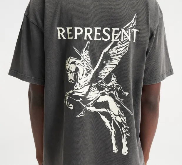 REPRESENT Pegasus Knight slogan logo short sleeved T-shirt made old black S-XL size