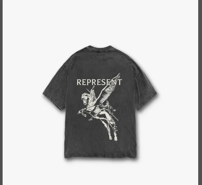 REPRESENT Pegasus Knight slogan logo short sleeved T-shirt made old black S-XL size