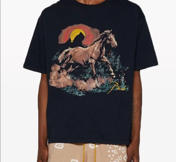 RHUDE Wild Horse Sunset Logo Printed Retro Short sleeved T-shirt Black S-XL Size