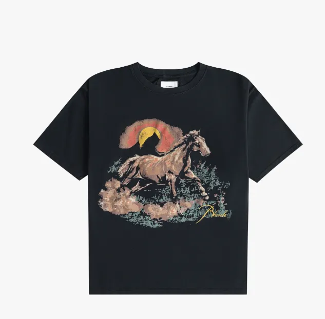 RHUDE Wild Horse Sunset Logo Printed Retro Short sleeved T-shirt Black S-XL Size