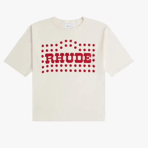 RHUDE FLOCKED BURNOUT TEE American retro foam suede English logo printed short sleeved t-shirt in beige S M L XL