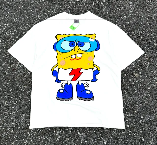 CSF SpongeBob SquarePants American Retro Vintage West Coast Hip Hop Style Version White Ink Direct Spray Printing Heavy Weight Aging Washing Craft High Street Short Sleeve Texture Unbeatable Texture Size: S M L XL