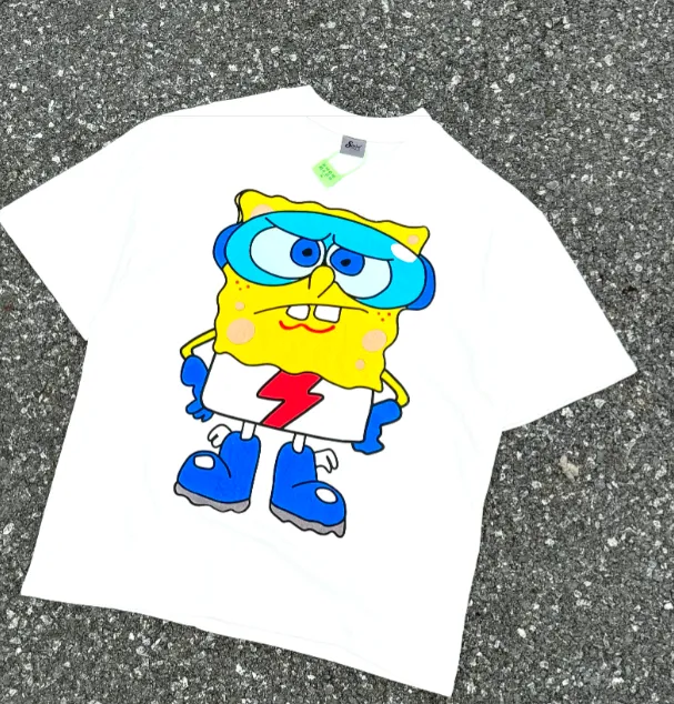 CSF SpongeBob SquarePants American Retro Vintage West Coast Hip Hop Style Version White Ink Direct Spray Printing Heavy Weight Aging Washing Craft High Street Short Sleeve Texture Unbeatable Texture Size: S M L XL