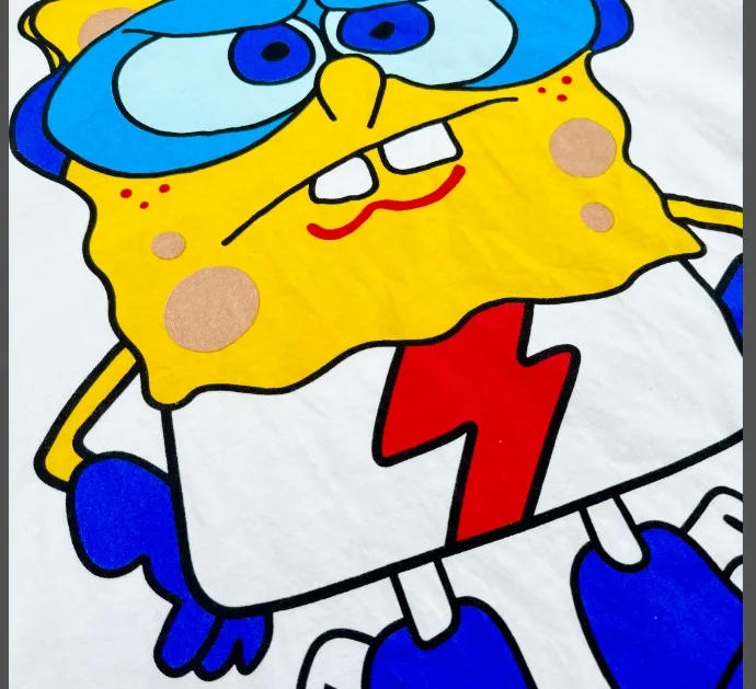 CSF SpongeBob SquarePants American Retro Vintage West Coast Hip Hop Style Version White Ink Direct Spray Printing Heavy Weight Aging Washing Craft High Street Short Sleeve Texture Unbeatable Texture Size: S M L XL