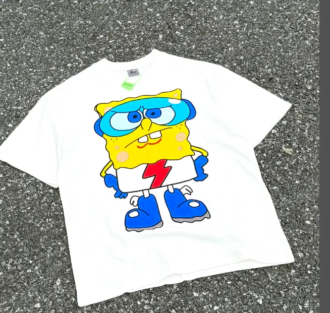 CSF SpongeBob SquarePants American Retro Vintage West Coast Hip Hop Style Version White Ink Direct Spray Printing Heavy Weight Aging Washing Craft High Street Short Sleeve Texture Unbeatable Texture Size: S M L XL