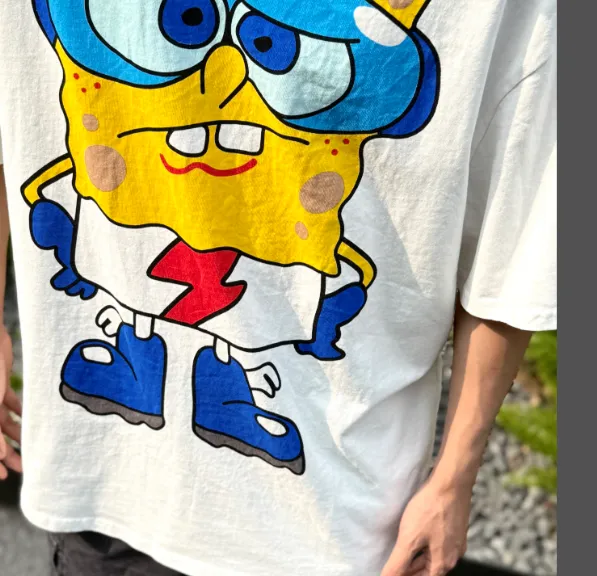 CSF SpongeBob SquarePants American Retro Vintage West Coast Hip Hop Style Version White Ink Direct Spray Printing Heavy Weight Aging Washing Craft High Street Short Sleeve Texture Unbeatable Texture Size: S M L XL