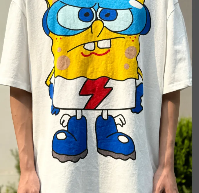 CSF SpongeBob SquarePants American Retro Vintage West Coast Hip Hop Style Version White Ink Direct Spray Printing Heavy Weight Aging Washing Craft High Street Short Sleeve Texture Unbeatable Texture Size: S M L XL