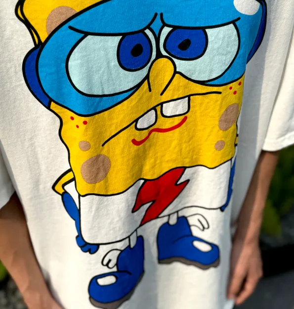 CSF SpongeBob SquarePants American Retro Vintage West Coast Hip Hop Style Version White Ink Direct Spray Printing Heavy Weight Aging Washing Craft High Street Short Sleeve Texture Unbeatable Texture Size: S M L XL