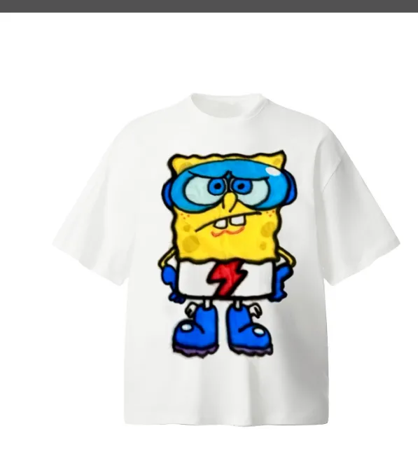 CSF SpongeBob SquarePants American Retro Vintage West Coast Hip Hop Style Version White Ink Direct Spray Printing Heavy Weight Aging Washing Craft High Street Short Sleeve Texture Unbeatable Texture Size: S M L XL