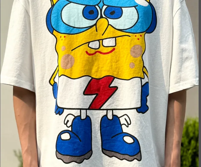 CSF SpongeBob SquarePants American Retro Vintage West Coast Hip Hop Style Version White Ink Direct Spray Printing Heavy Weight Aging Washing Craft High Street Short Sleeve Texture Unbeatable Texture Size: S M L XL