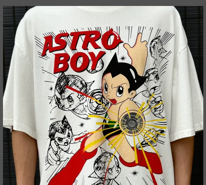 Iron Arm Astro Boy Limited Edition, American Retro Vintage, West Coast Hip Hop Style, White Ink Direct Spray Printing, Heavy Weight Aging, Washed Craftsmanship, High Street Short Sleeve, Unbeatable Texture and Texture Size: S M L XL