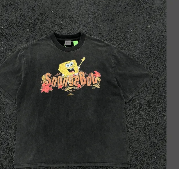 CSF SpongeBob SquarePants American Retro Vintage West Coast Hip Hop Style Version White Ink Direct Spray Printing Heavy Weight Aging Washing Craft High Street Short Sleeve Texture Unbeatable Texture Size: S M L XL