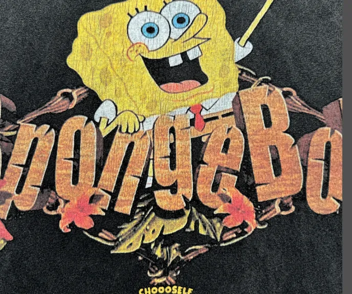 CSF SpongeBob SquarePants American Retro Vintage West Coast Hip Hop Style Version White Ink Direct Spray Printing Heavy Weight Aging Washing Craft High Street Short Sleeve Texture Unbeatable Texture Size: S M L XL