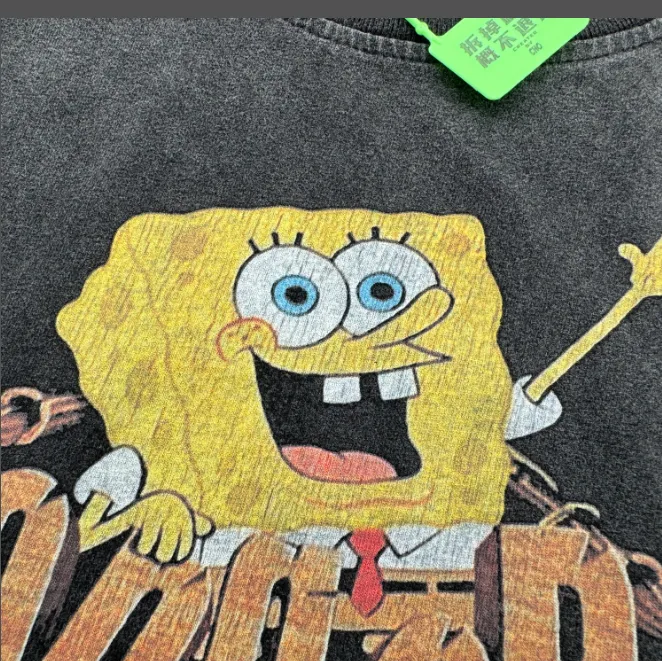 CSF SpongeBob SquarePants American Retro Vintage West Coast Hip Hop Style Version White Ink Direct Spray Printing Heavy Weight Aging Washing Craft High Street Short Sleeve Texture Unbeatable Texture Size: S M L XL