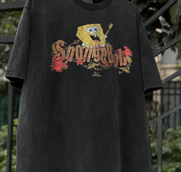 CSF SpongeBob SquarePants American Retro Vintage West Coast Hip Hop Style Version White Ink Direct Spray Printing Heavy Weight Aging Washing Craft High Street Short Sleeve Texture Unbeatable Texture Size: S M L XL