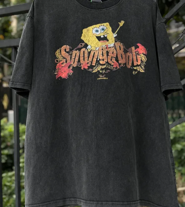 CSF SpongeBob SquarePants American Retro Vintage West Coast Hip Hop Style Version White Ink Direct Spray Printing Heavy Weight Aging Washing Craft High Street Short Sleeve Texture Unbeatable Texture Size: S M L XL