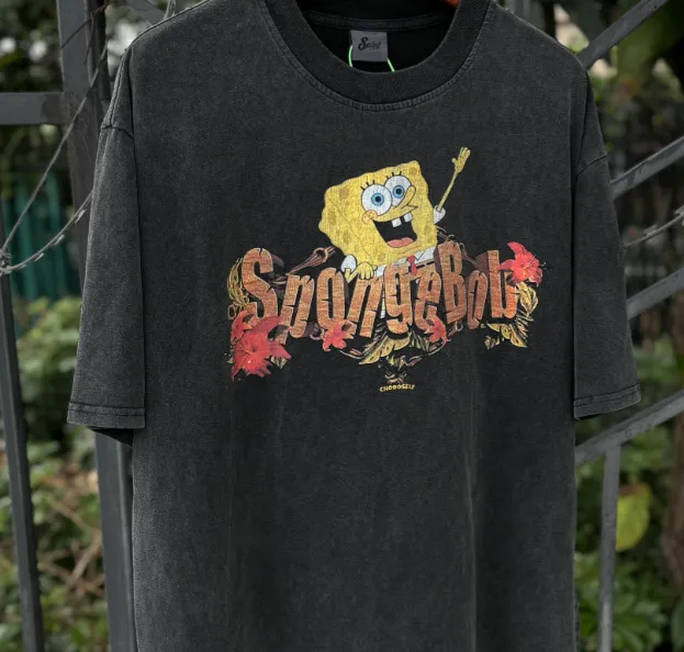 CSF SpongeBob SquarePants American Retro Vintage West Coast Hip Hop Style Version White Ink Direct Spray Printing Heavy Weight Aging Washing Craft High Street Short Sleeve Texture Unbeatable Texture Size: S M L XL