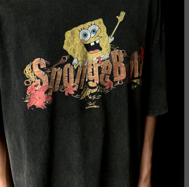 CSF SpongeBob SquarePants American Retro Vintage West Coast Hip Hop Style Version White Ink Direct Spray Printing Heavy Weight Aging Washing Craft High Street Short Sleeve Texture Unbeatable Texture Size: S M L XL