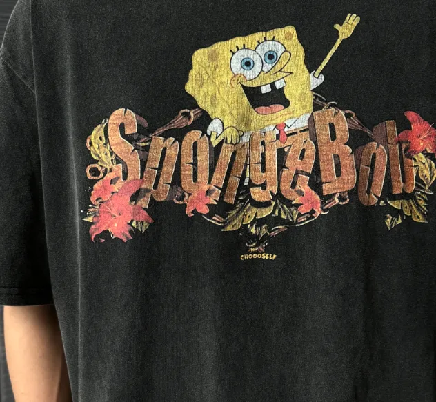 CSF SpongeBob SquarePants American Retro Vintage West Coast Hip Hop Style Version White Ink Direct Spray Printing Heavy Weight Aging Washing Craft High Street Short Sleeve Texture Unbeatable Texture Size: S M L XL