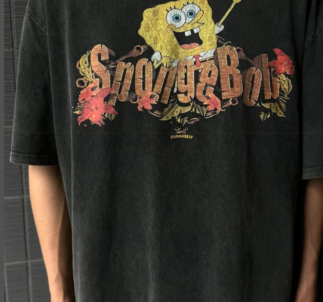 CSF SpongeBob SquarePants American Retro Vintage West Coast Hip Hop Style Version White Ink Direct Spray Printing Heavy Weight Aging Washing Craft High Street Short Sleeve Texture Unbeatable Texture Size: S M L XL