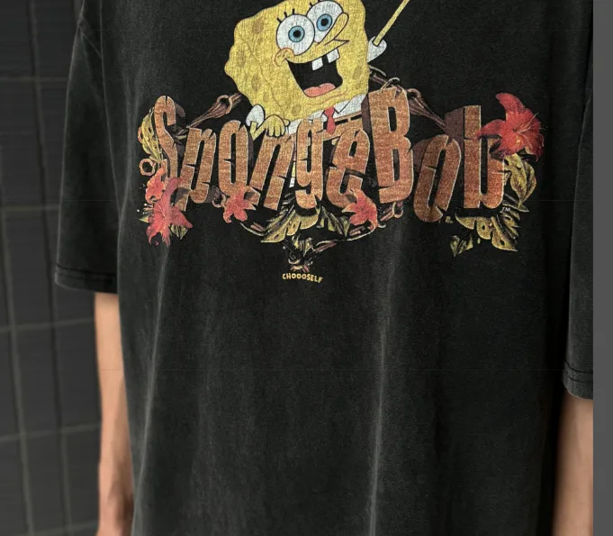 CSF SpongeBob SquarePants American Retro Vintage West Coast Hip Hop Style Version White Ink Direct Spray Printing Heavy Weight Aging Washing Craft High Street Short Sleeve Texture Unbeatable Texture Size: S M L XL