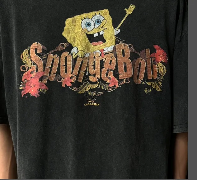 CSF SpongeBob SquarePants American Retro Vintage West Coast Hip Hop Style Version White Ink Direct Spray Printing Heavy Weight Aging Washing Craft High Street Short Sleeve Texture Unbeatable Texture Size: S M L XL