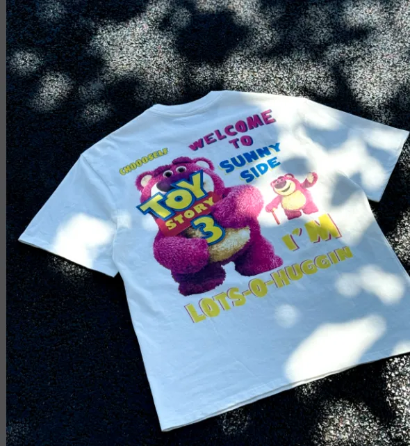 CSF Strawberry Bear American Retro Vintage West Coast Hip Hop Style Version Front and Back Large Area White Ink Direct Spray Printing Heavy Weight Aging Washed Craftsmanship High Street Short Sleeve Texture Unbeatable Texture Size: S M L XL