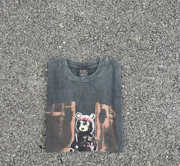 KANYE Album Accessories YE Same Style NEW VINTAGE TEE Doll Bear Cartoon Vintage Washed English Printed Pattern Short Sleeve T-shirt