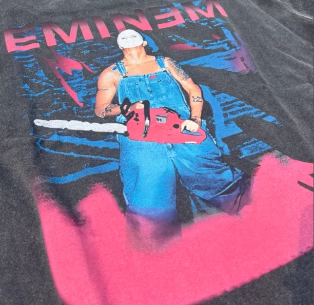 EMINEM 2001 JASON MASK CHAINSAW TOUR VINTAGE TEE Retro distressed washed Amu mask print concert peripheral antique short sleeved t-shirt