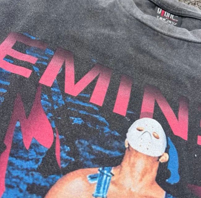 EMINEM 2001 JASON MASK CHAINSAW TOUR VINTAGE TEE Retro distressed washed Amu mask print concert peripheral antique short sleeved t-shirt