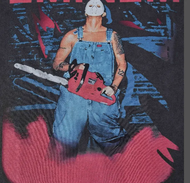 EMINEM 2001 JASON MASK CHAINSAW TOUR VINTAGE TEE Retro distressed washed Amu mask print concert peripheral antique short sleeved t-shirt