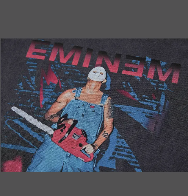 EMINEM 2001 JASON MASK CHAINSAW TOUR VINTAGE TEE Retro distressed washed Amu mask print concert peripheral antique short sleeved t-shirt