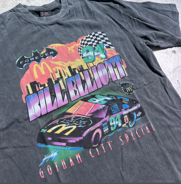 BATMAN × NASCAR × VERY RARE 1995 BILL ELLIOT VINTAGE T-SHIRT McDonald's Racing Batman Retro American Washed Printed Short sleeved T-shirt