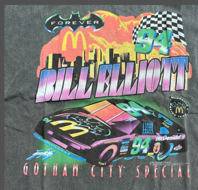 BATMAN × NASCAR × VERY RARE 1995 BILL ELLIOT VINTAGE T-SHIRT McDonald's Racing Batman Retro American Washed Printed Short sleeved T-shirt