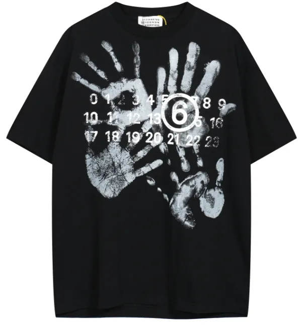 Maison Margiela MM6 Palm Number Letter Logo Printed Short Sleeve T-shirt Black and White Size 46 Size 48 Size 50 Size 52