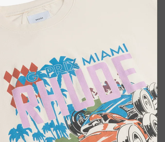 RHUDE Miami Formula Retro Logo Printed Short Sleeve T-shirt White S-XL Size