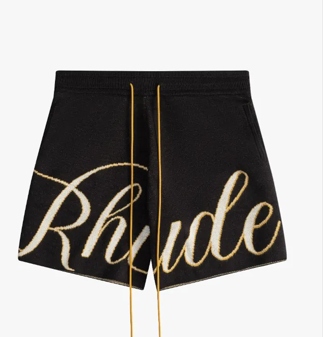 RHUDE large letter logo jacquard drawstring yarn shorts black S-XL size