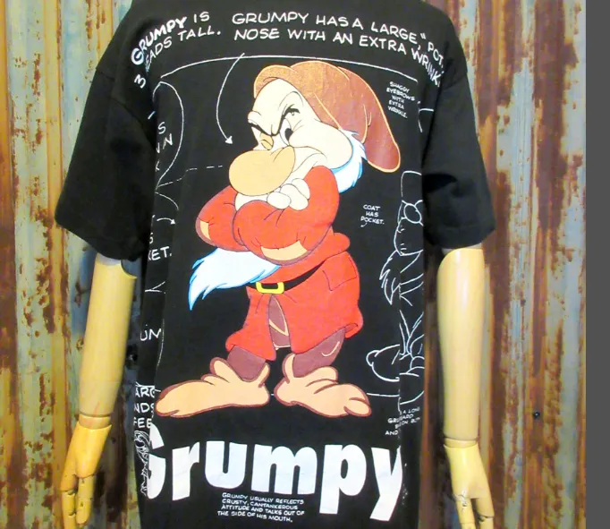 90S GRUMPY DISNEY VINTAGE T-SHIRT Retro American Vintage Washed and Used Disney Dwarfs Cartoon Printed Short sleeved T-shirt