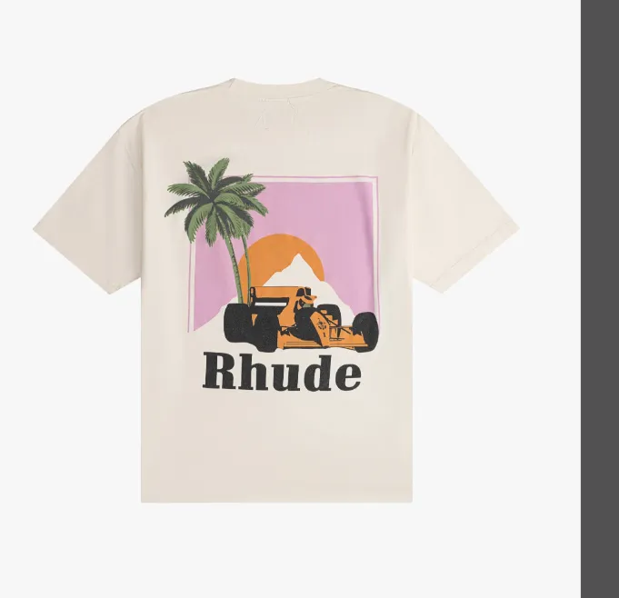 RHUDE MIAMI GP MOONLIGHT TEE Retro American Miami Racing Beach Theme Limited Short Sleeve T-shirt