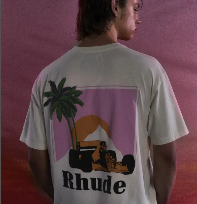 RHUDE MIAMI GP MOONLIGHT TEE Retro American Miami Racing Beach Theme Limited Short Sleeve T-shirt