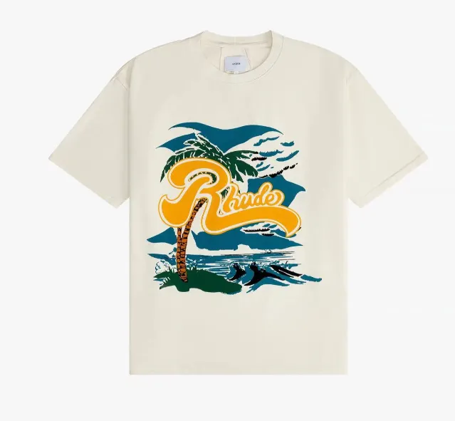 RHUDE REGATTA PALM TEE Retro American Pattern Rowing Competition Palm Tree Hill Printed Short Sleeve T-shirt