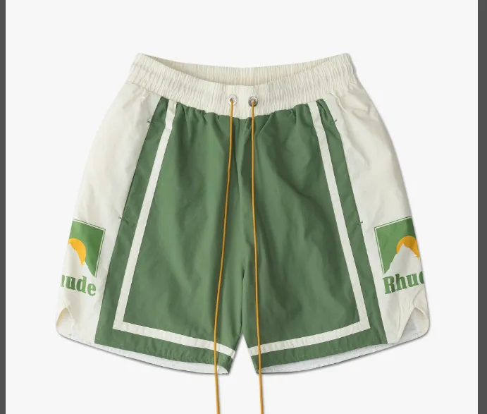 RHUDE Sunset Snow Mountain Logo Printed Drawstring Shorts Black Green S-XL Size