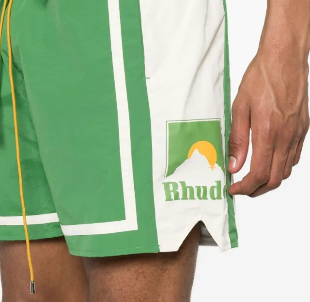 RHUDE Sunset Snow Mountain Logo Printed Drawstring Shorts Black Green S-XL Size