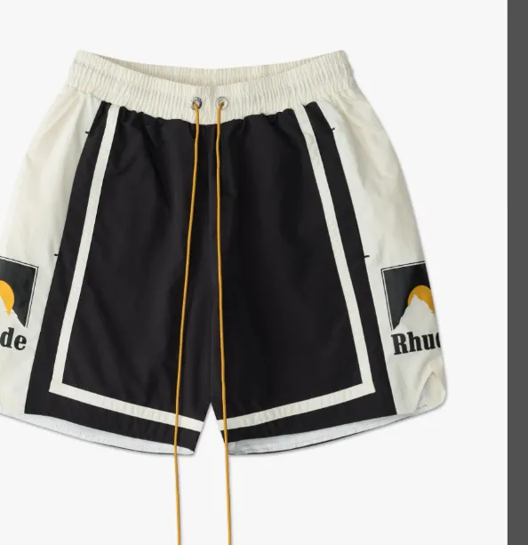 RHUDE Sunset Snow Mountain Logo Printed Drawstring Shorts Black Green S-XL Size