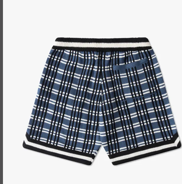 RHUDE checkered jacquard spliced yarn drawstring shorts with blue grid S-XL