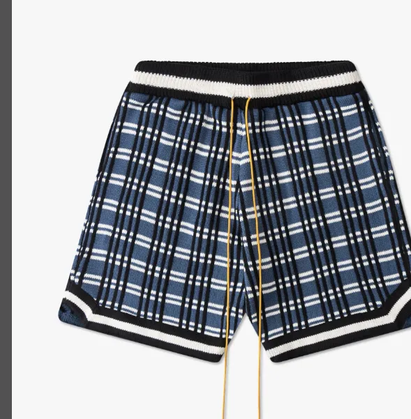 RHUDE checkered jacquard spliced yarn drawstring shorts with blue grid S-XL