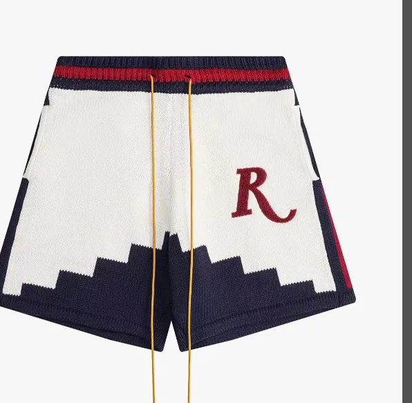 RHUDE color blocked yarn jacquard logo embroidery drawstring shorts white blue S-XL size