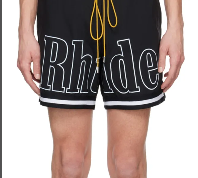 RHUDE Large Logo Printed Splicing Ribbon Drawstring Shorts Khaki Grey Black S-XL Size