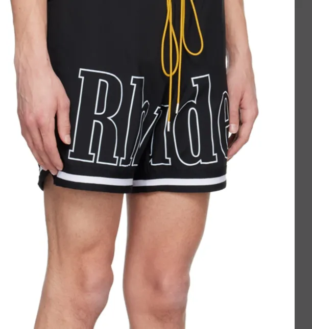 RHUDE Large Logo Printed Splicing Ribbon Drawstring Shorts Khaki Grey Black S-XL Size